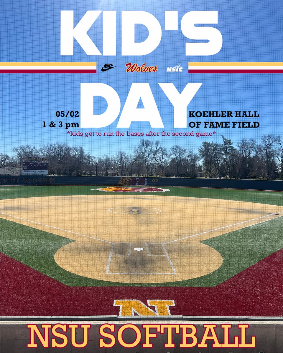 WolvesAthletics's tweet image. 🚨KID'S DAY🚨

@NSUWOLVES_BS ⚾️
📅04/28
⏰12 PM / 2 PM
📍Fossum Field

@NSUWolves_SB 🥎
📅05/02
⏰1 PM / 3 PM
📍Koehler Hall of Fame Field

*Kids get to run the bases after each second game*

#GoWolves🐺 | #maroonNgold🐾
