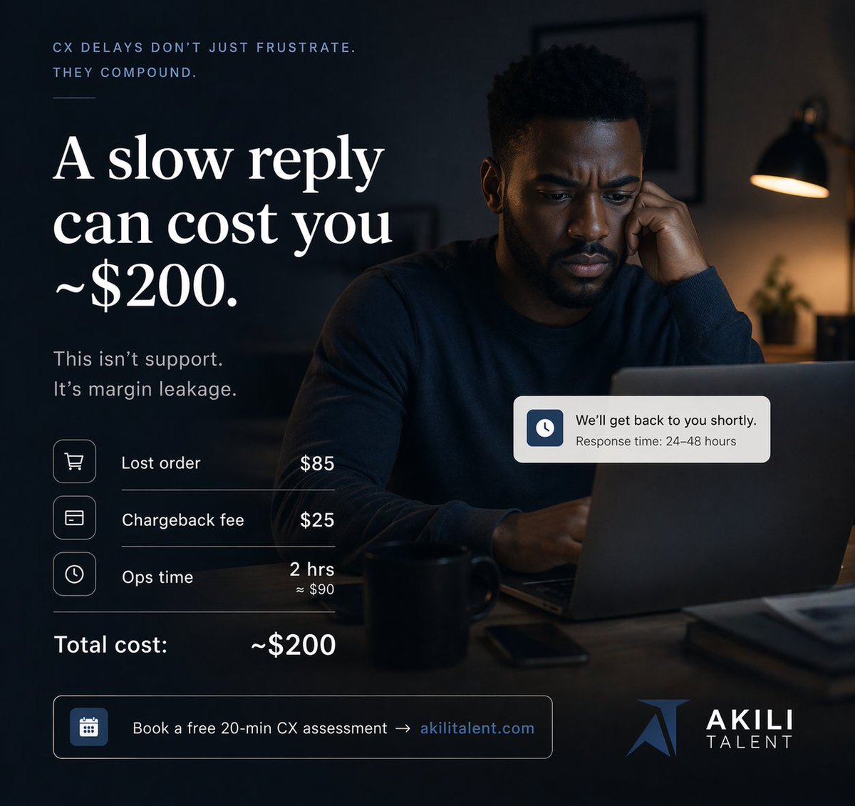 AkiliTalent's tweet image. A slow reply can cost ~$200.

Lost sale: $85
Chargeback: $25
Ops time: 2 hrs

This isn’t support.

It’s margin leakage.

Book a free 20-min CX assessment → akilitalent.com

#Ecommerce #CustomerSupport #BusinessGrowth #CX #ShopifyStore #DTCBrand #CustomerRetention