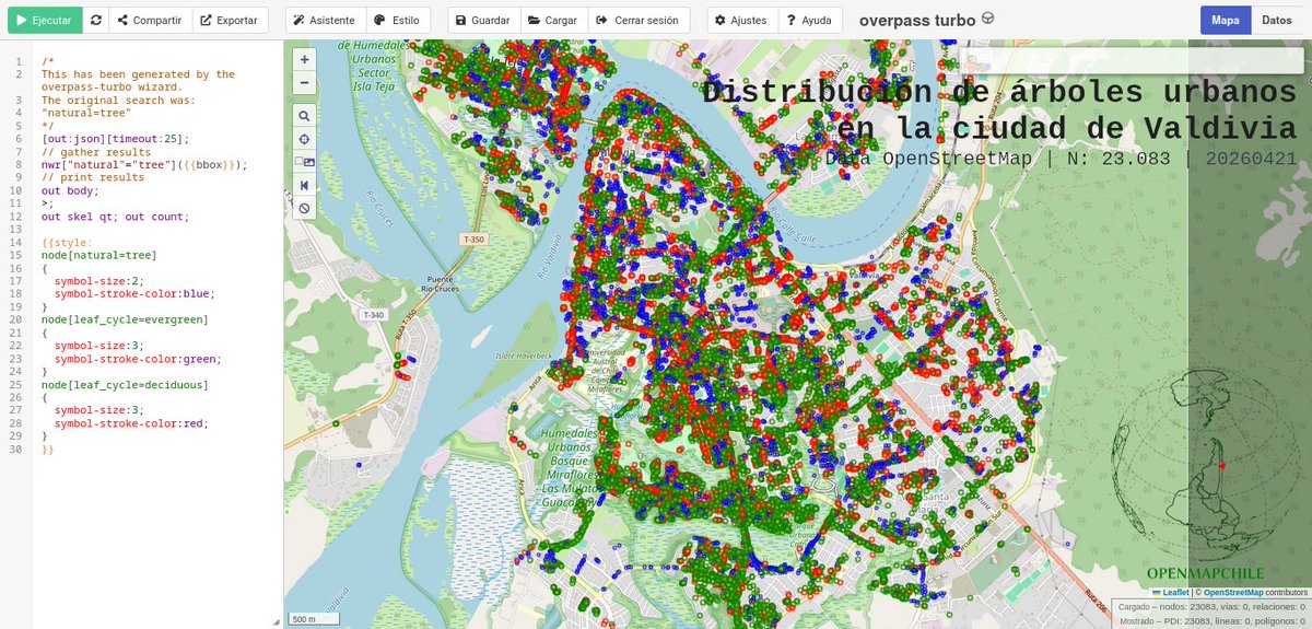 openmapchile's tweet image. 📢🗺️🌴🌲🌳📌🇨🇱 El mapeo de árboles urbanos en OpenStreetMap (OSM) en la ciudad de Valdivia-Chile ya 23.083 registros en (2026/04/20).  #AUPV #mapa #OSM #OpenStreeMap #overpassturbo natural=tree