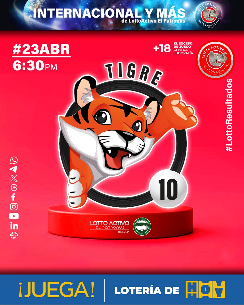 lottoactivo's tweet image. #Lottoresultado del 23/04/2026

(Resultado oficial para la República de Venezuela) 

SORTEO #1510-K

06:30 PM - 10 TIGRE

#venezuela #lottoactivo

Disfruta de LottoActivoRD Internacional en ⬇
www.loteriadehoy.com

Siempre LottoActivo 💚