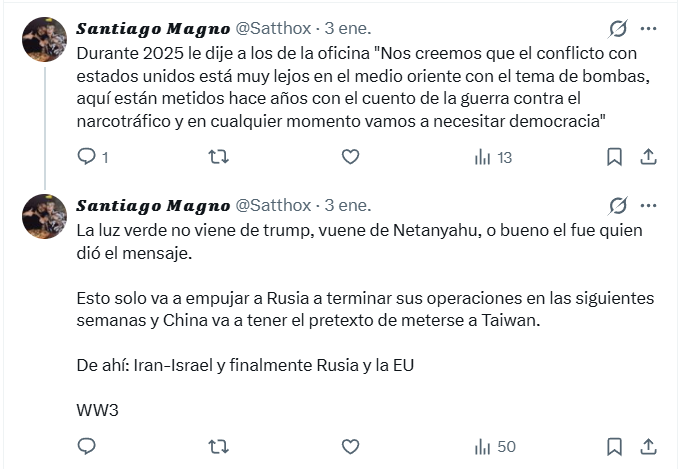 Satthox's tweet photo. - Les dije que Rusia iba a intensificar sus acciones militares; 6 días después, lanzaron el Oreshnik.
- Les dije que venía Irán-Israel
- Taiwán-China está a la vuelta de la esquina.

Hamenei es el archiduque Fernando de Austria de nuestra época. Y bueno, lo que sigue https://t.co/gMk5Q7c2Og