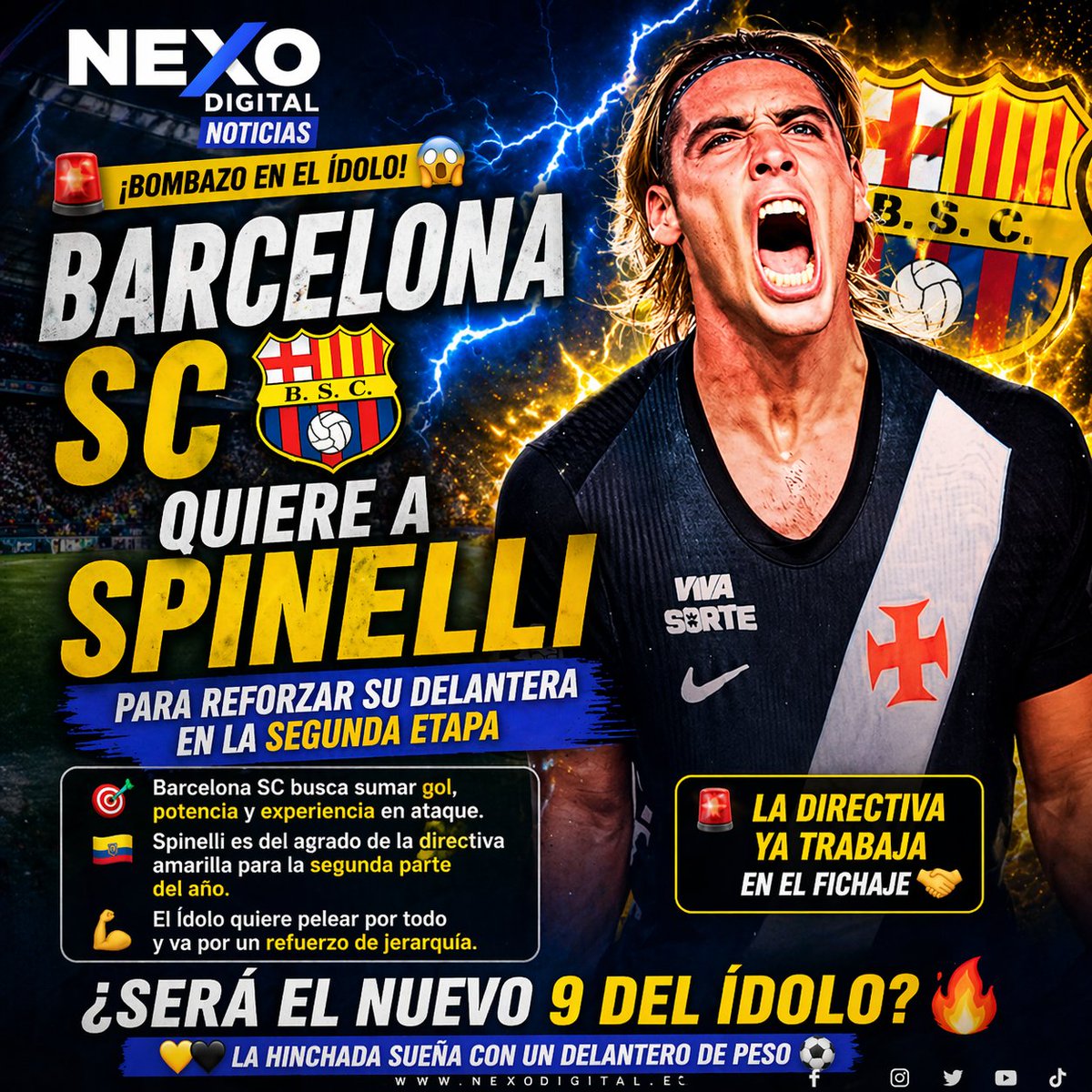 nexodigital_ec's tweet image. 🚨 Barcelona SC va por Spinelli. 👀💛

El Ídolo buscaría reforzar su delantera para la Segunda Etapa y el nombre del atacante ya suena fuerte.

🔥 ¿Fichaje ideal o hay mejores opciones?

#BarcelonaSC #BSC #LigaPro #MercadoDePases