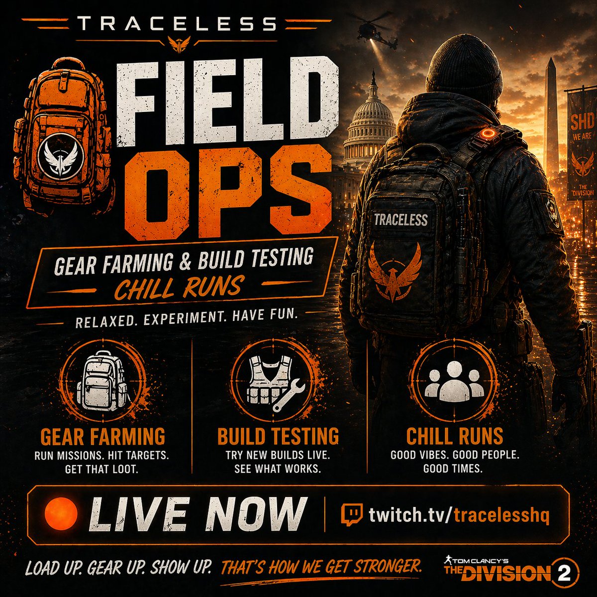 TracelessHQ's tweet image. 🎒 Field Ops is underway.

Keeping it chill tonight—farming gear, testing builds, and seeing what actually works in D.C.

🔴 Live now: twitch.tv/tracelesshq

#TheDivision2 #Division2 #GamingCommunity #TwitchStreamer #BuildTesting #LootGrind #ChillGaming #GamerLife
