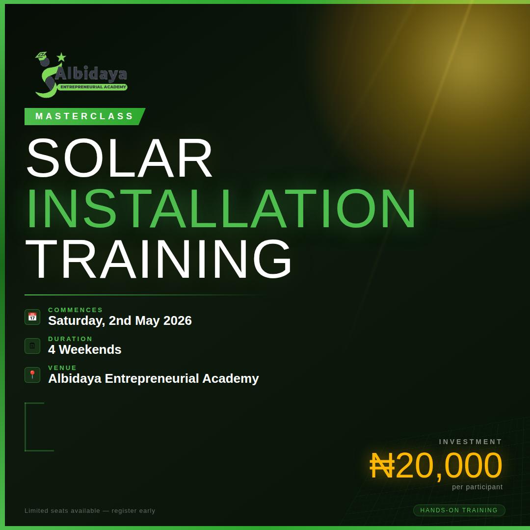 <a href="/AlbidayaAcademy/">Albidaya_ABEA</a> new solar installation training program!

Registration is ongoing!

Quickly grab your spot.