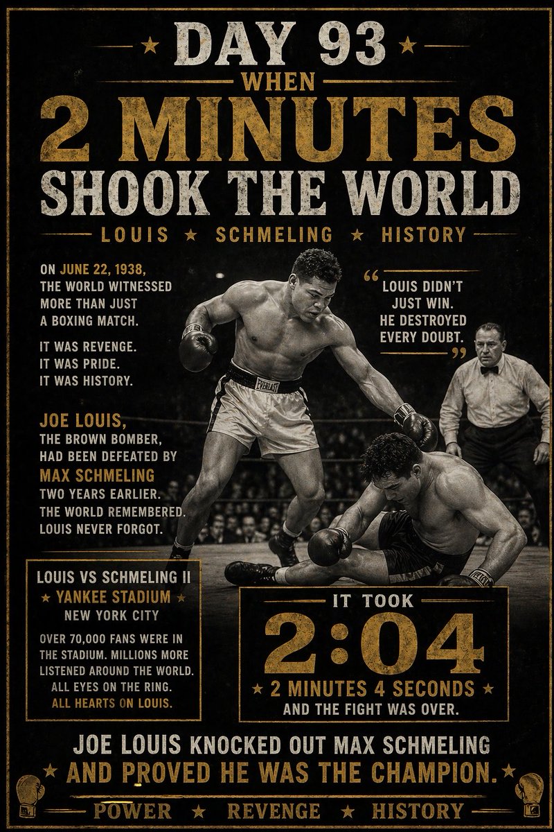 YuryIak's tweet image. Day 93 — 2 Minutes That Shocked the World

In 1938, Joe Louis stopped Max Schmeling
in just 2:04 (TKO).

A dominant performance
that became bigger than boxing.

#JoeLouis #MaxSchmeling #BoxingHistory #TKO #FightLegend
