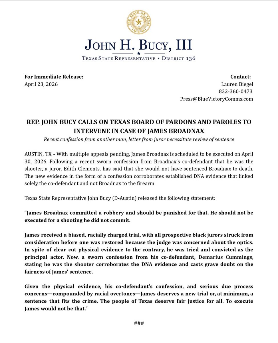 scottbraddock's tweet image. New: Rep @BucyForTexas calls on the Texas Board of Pardons and Paroles to intervene in the case of death row inmate James Broadnax #txlege