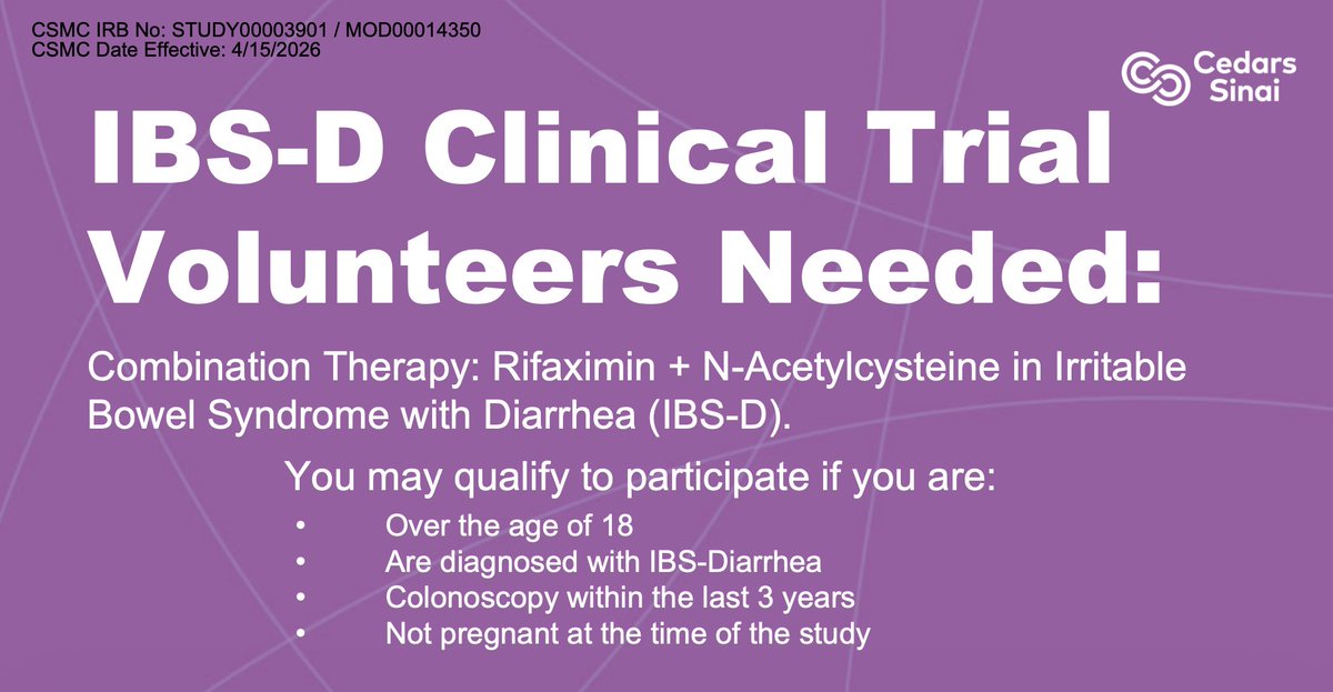 NEW STUDY: I don't ask for things often but we are recruiting a trial for new therapy for irritable bowel syndrome with diarrhea (#IBS -D) based on #microbiome. Please retweet to spread the word to patients in the LA area. Here is the link to contact us iredcap.csmc.edu/surveys/?s=TD7…