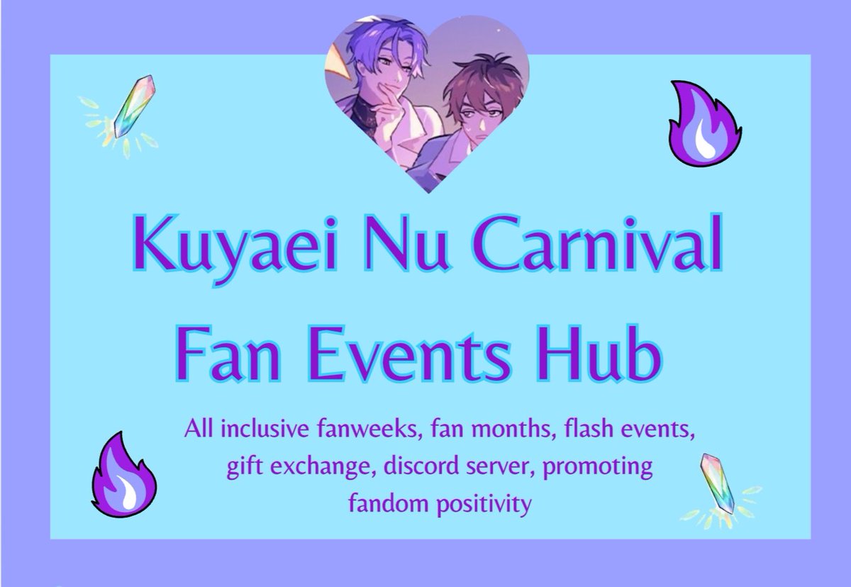 Kuyaeifanweek's tweet photo. Kuyaei Nu Carnival Fan Events Hub is now on Blorbo social and Aethy! 💙💜
#Kuyaei #玖エイ #玖伊 #nucarnival #nucarni 
https://t.co/jlatAB6u4e
https://t.co/GFRLLK4N6l https://t.co/J3ZVbTrfWa