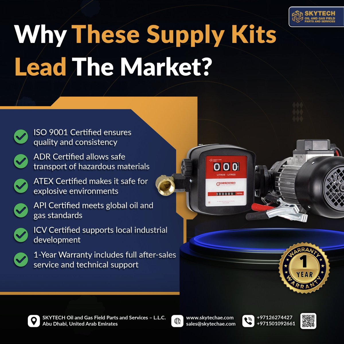 SkytechUAE's tweet image. 🏆 Why our supply kits lead the market?

✔ ISO, ADR, ATEX &amp;amp; API Certified
✔ Built for safety &amp;amp; performance
✔ 1-Year warranty + support
💥 Trusted fuel transfer solutions

🔗 skytechae.com | 📧sales@skytechae.com |📞 +971501092661

#FuelTransfer #Industrial #Skytech