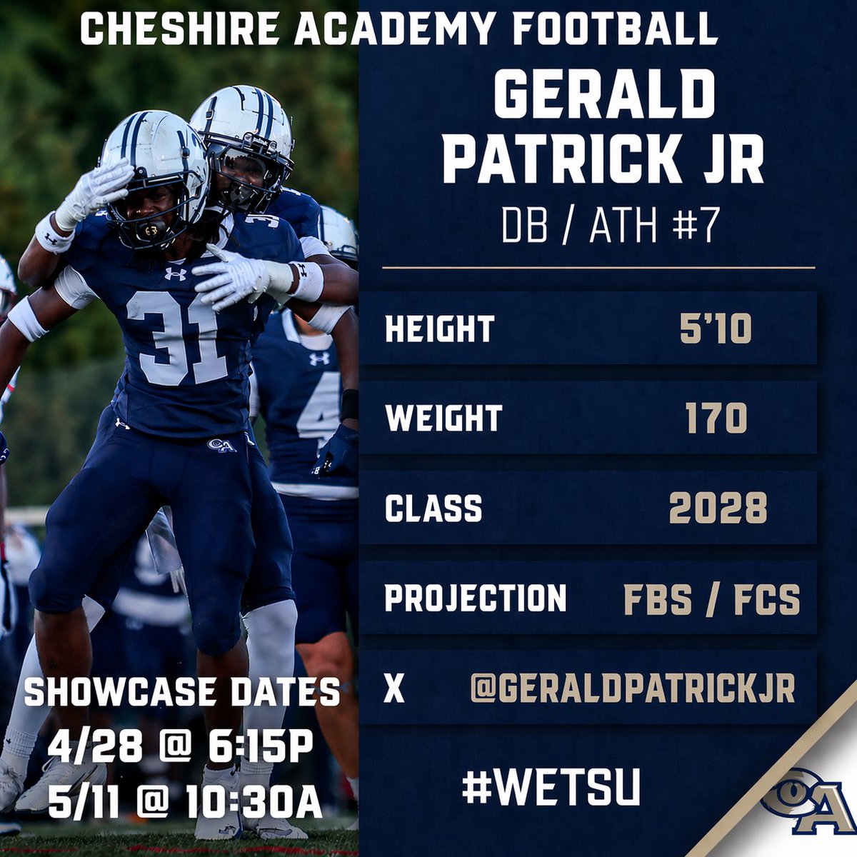 GeraldPatrickJr's tweet photo. Coaches! Come check out me and my teammates at the showcase dates! @CAcatsFB1794 @Coach_Mella https://t.co/pMwAtyaoUJ
