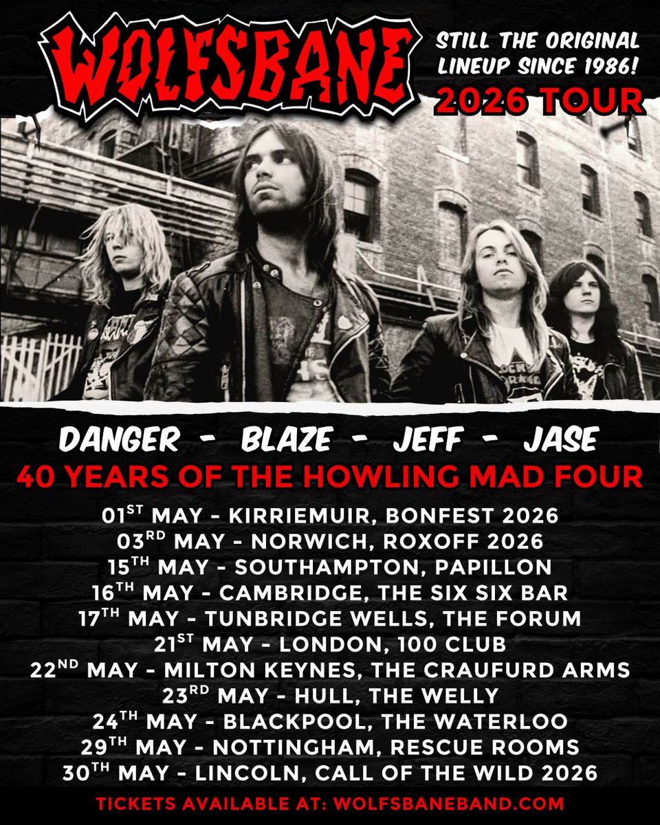 WolfsbaneHMS's tweet image. 🤘🐺 40 YEARS OF THE HOWLING MAD FOUR! 🐺🤘

Wolfsbane hit the road in May 2026 to celebrate 40 years of their unstoppable, unchanged lineup of Blaze Bayley, Jase Edwards, Jeff Hateley &amp;amp; Steve Danger!

wolfsbaneband.com/live/

#Wolfsbane #BlazeBayley #Metal #HeavyMetal #Rock