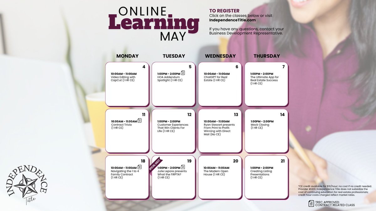IndependenceTX's tweet photo. The May Continuing Education calendar is here! 📅✨
 Fresh classes, valuable insights, and new opportunities to grow your business this month. 

Don’t miss your chance to stay ahead and keep learning!  Save your seat today. 

https://t.co/CLensLRV3t  #CEClasses #RealEstateEducation #StaySharp #IndependenceTitle