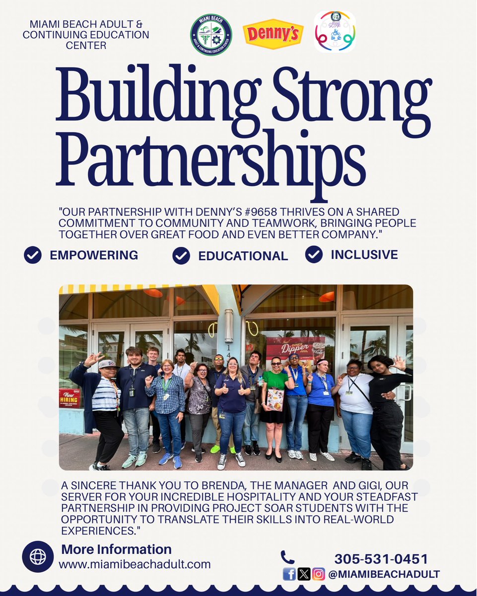 miamibeachadult's tweet image. From the classroom to the real world! 🌎
Shoutout to @DennysDiner#9658 for partnering with Miami Beach Adult to give our Project SOAR students the opportunity to shine✨ #yourbestchoiceMDCPS
#CareerReady #CommunityImpact @SuptDotres @MjLewis13 @mantilla1776
