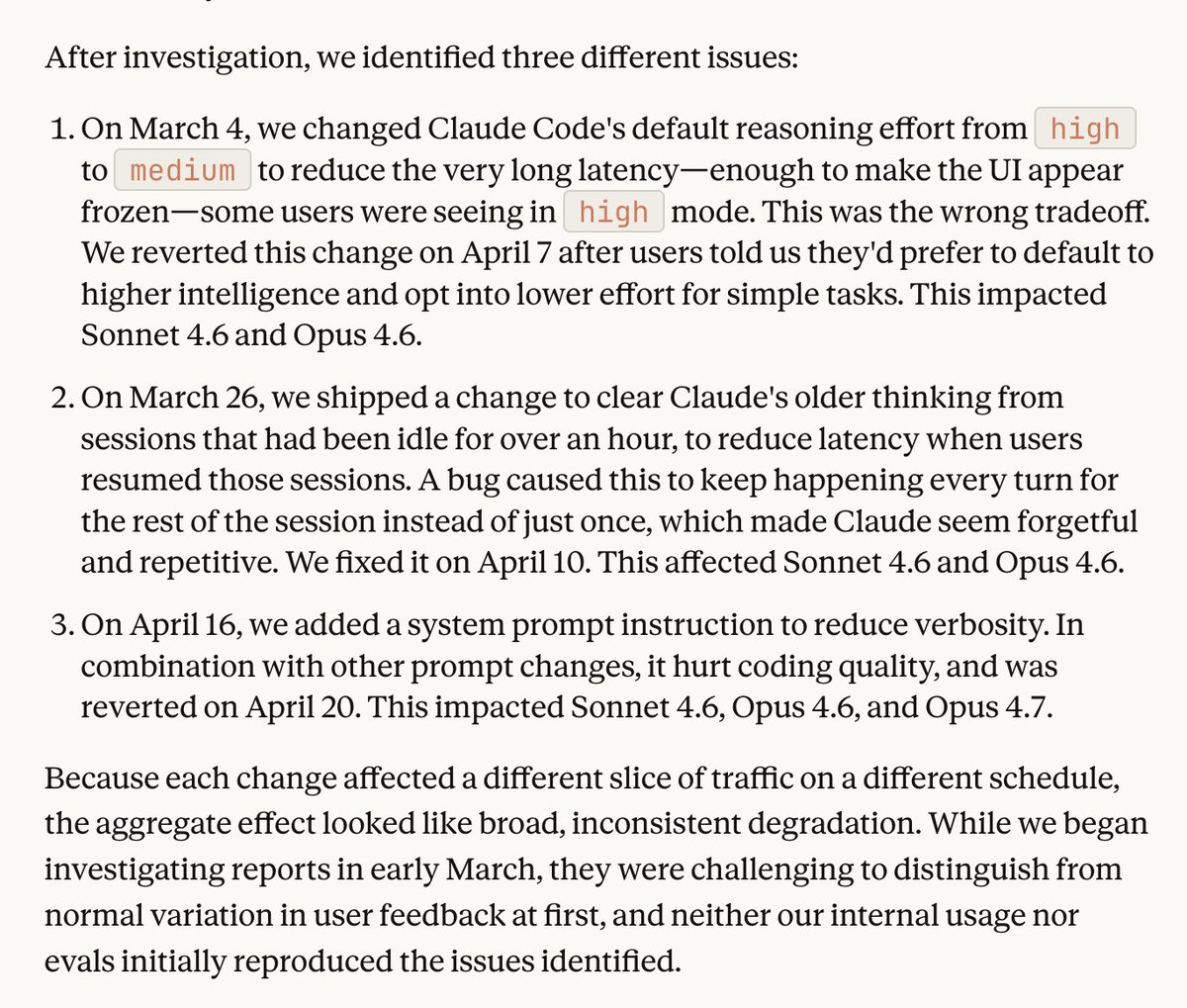 The frustrating part is that the Claude Code team, along with people deep in AI psychosis, have been gaslighting anyone who raises concerns about Claude Code's recent issues.

"your reasoning setting is wrong"
"oh that benchmark is wrong"
"we checked our code, nothing is wrong"