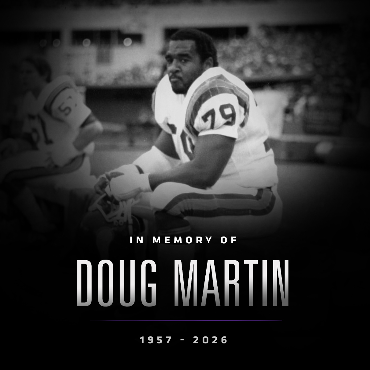 Vikings's tweet image. The #Vikings are mourning the passing of Doug Martin.

Martin, the team's 1st-round pick in 1980, led the NFL with 11.5 sacks in the first year the league officially counted the statistic. 

mnvkn.gs/3QowuHe