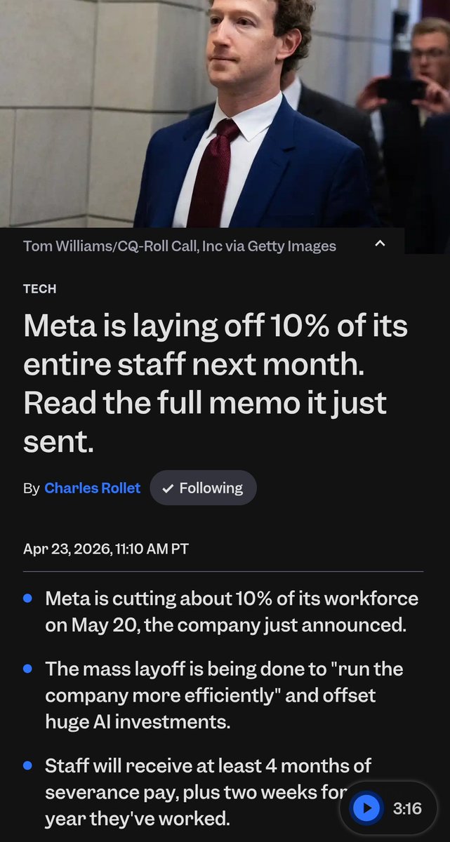 CharlesRollet1's tweet image. BREAKING: Meta is laying off 10% of its entire staff next month. 

It's doing this to run the company more efficiently and offset huge investments in AI.

@BusinessInsider obtained the full memo announcing the move. Read it here.