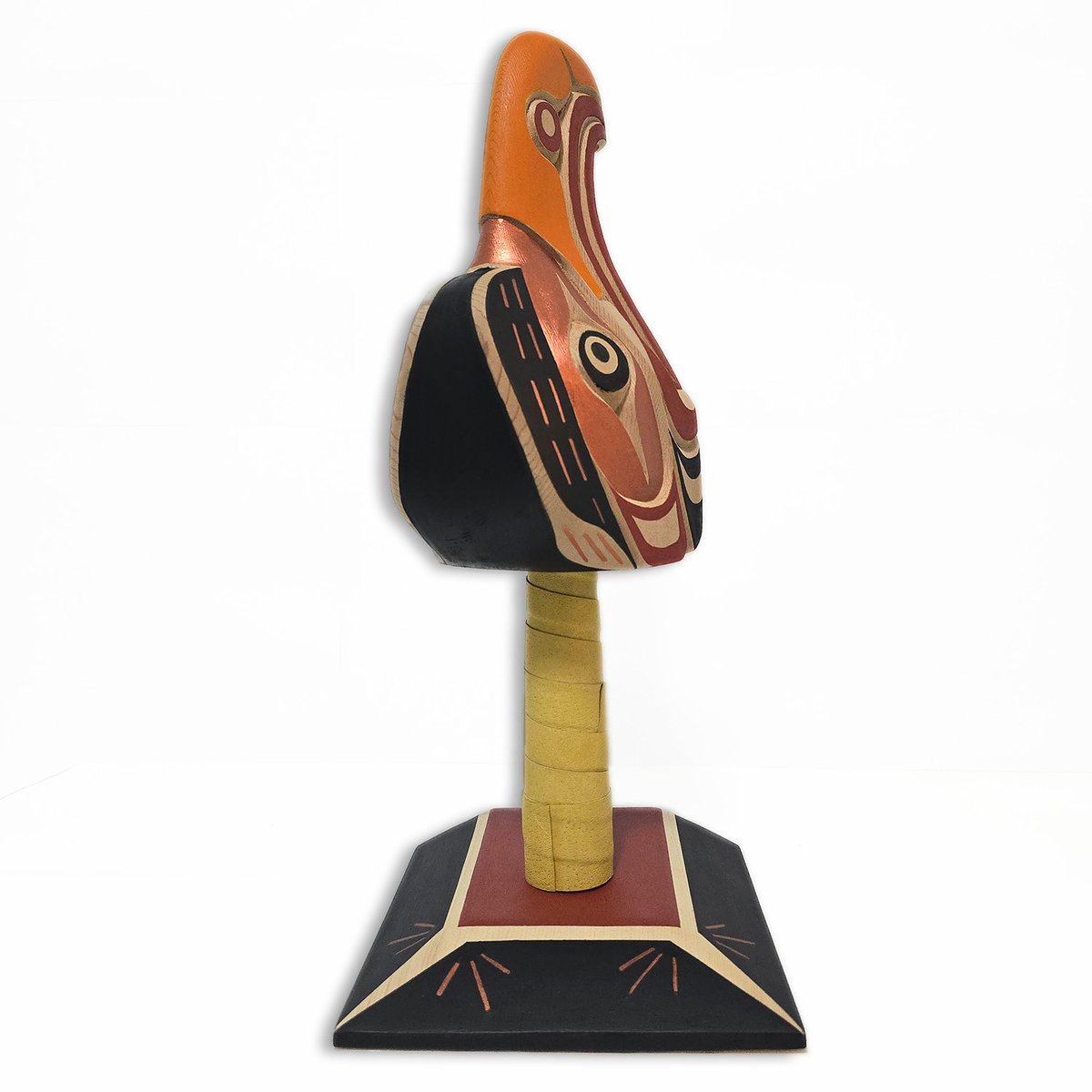 spiritsgallery's tweet photo. This exquisite hand-carved Eagle Rattle by Kwakwaka'wakw artist Sandy Johnson is sculpted from red cedar with a removable base of yellow cedar. Adorned in a rich palette of copper tones, black &amp; red acrylics. The copper beads within give voice to its resonant sound! https://t.co/BD5VpPLXgs