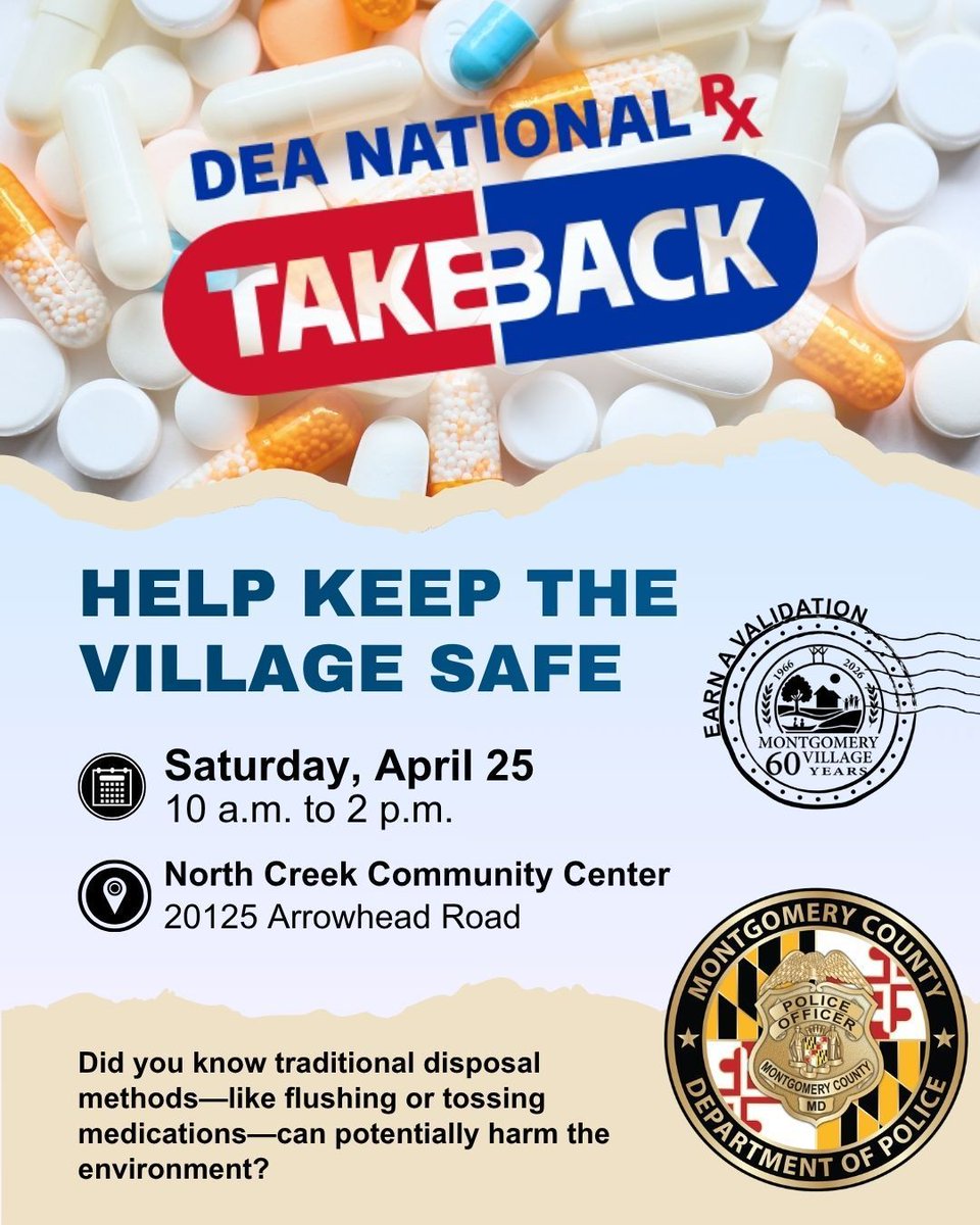 MontVillageMD's tweet photo. 💊 Did you know traditional disposal methods – like flushing or tossing medications – can potentially harm the environment? 🌎

Safely dispose of unwanted medication at the @mcpnews (6D Police) #DrugTakeBack event.

📅 Sat., April 25
⏰ 10 a.m. to 2 p.m.
📍 North Creek CC https://t.co/6lkF3GxbxE