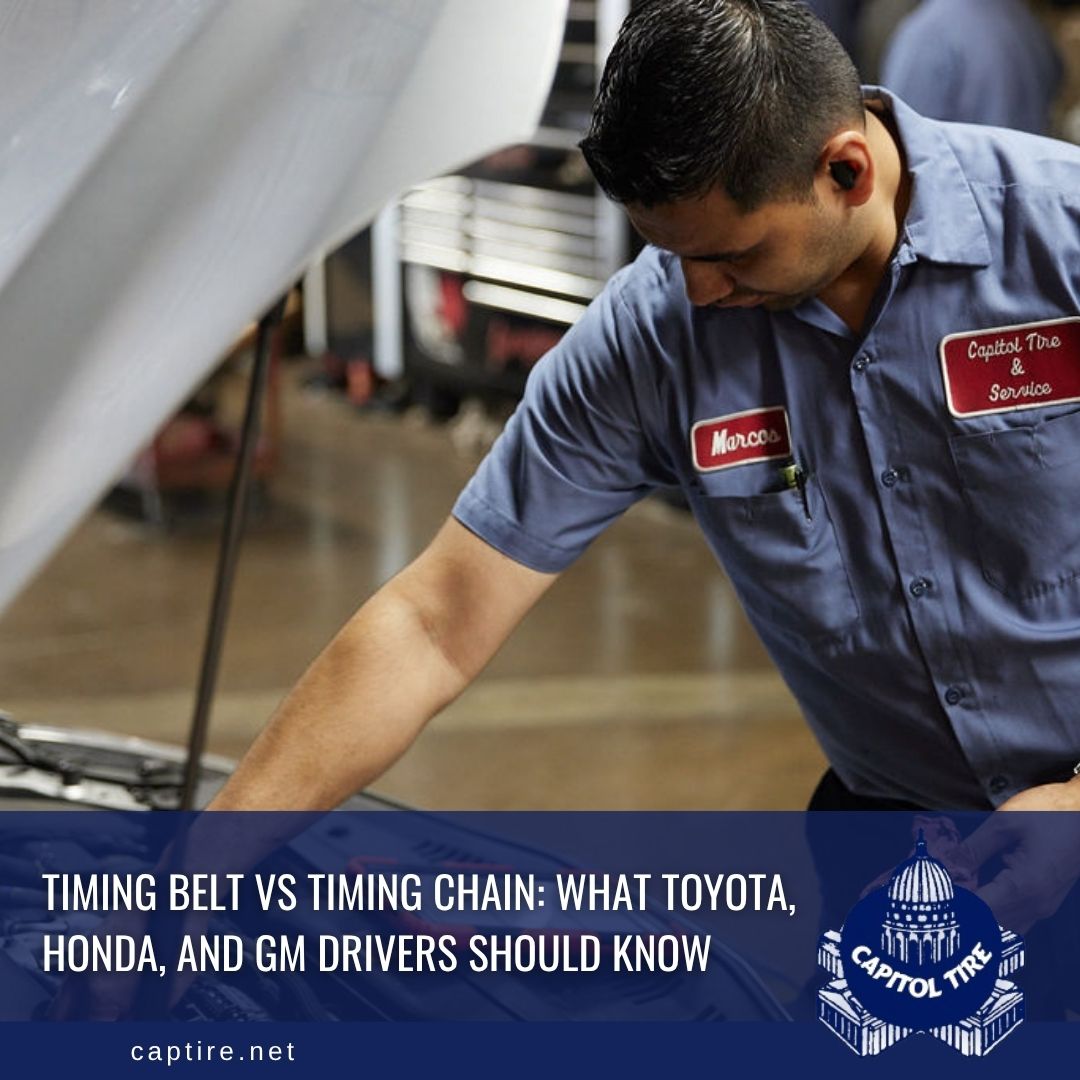 capitol_tire's tweet image. Learn the key differences between timing belts and timing chains for Toyota, Honda, and GM vehicles. Discover warning signs, replacement timing, and expert advice from a trusted Madison, WI auto repair shop. #autorepair #carcare bit.ly/3Q9EvzJ
