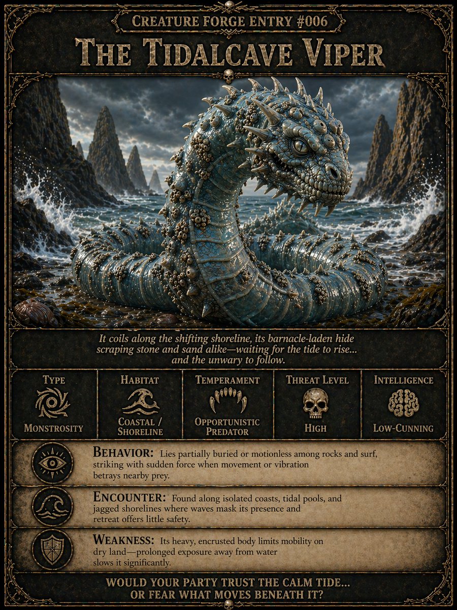 Grace_Inkworks's tweet photo. Creature Forge Entry #006 — 'The Tidalcave Viper'

It coils along the shifting shoreline, its barnacle-laden hide scraping stone and sand alike—waiting for the tide to rise… and the unwary to follow.

Type: Monstrosity
 Habitat: Coastal / Shoreline
 Temperament: Opportunistic Predator
 Threat Level: High
 Intelligence: Low-Cunning

Behavior: Lies partially buried or motionless among rocks and surf, striking with sudden force when movement or vibration betrays nearby prey.

Encounter: Found along isolated coasts, tidal pools, and jagged shorelines where waves mask its presence and retreat offers little safety.

Weakness: Its heavy, encrusted body limits mobility on dry land—prolonged exposure away from water slows it significantly.

Would your party trust the calm tide… or fear what moves beneath it?

#worldbuilding #dnd #ttrpg #fantasyart