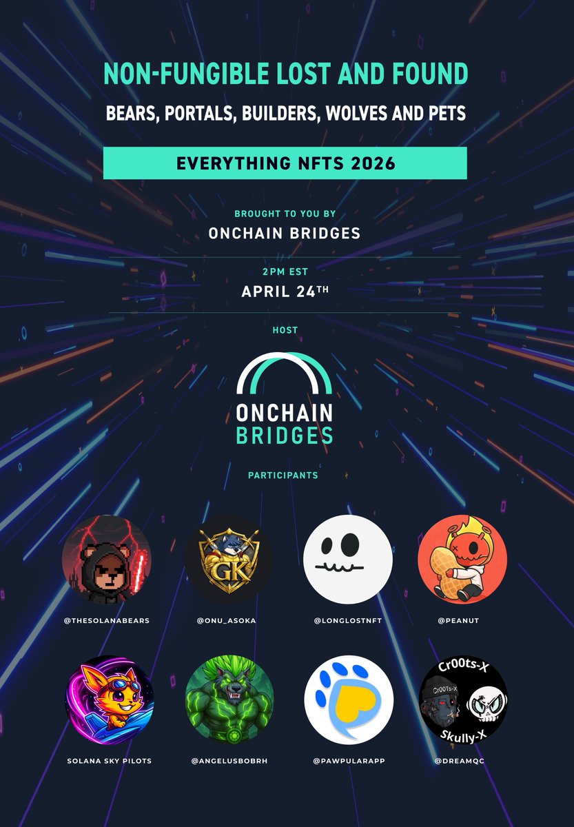 OnchainBridges's tweet photo. 🎙️ Twitter Space AMA - This Friday

Theme: Non-Fungible Lost and Found: Bears, Portals, Builders, Wolves, and Pets

📅 Friday, Apr 24, 2026
⏰ 2 PM EST
Guests:
🐻 @TheSolanabears
🧠 @Onu_asoka
🌀 @LongLostNFT
🎮 @DreamQc
🐺 @AngelusbobRh
🐾 @PawpularApp

NFTs, culture, community building, and real utility in one Space.
🔗 Join live: https://t.co/prFLajteIg