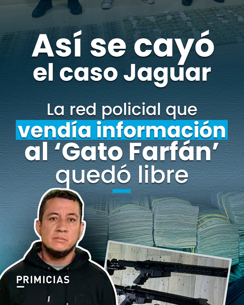 Primicias's tweet photo. El caso Jaguar prometía desarticular a una estructura de policías que vendía información secreta a la red del ‘Gato Farfán’ y a un supuesto narco invisible. Sin embargo, irregularidades en la investigación, destitución de jueces y demoras procesales llevaron al sorpresivo sobreseimiento de todos los implicados. https://t.co/M0L6lRFxUC