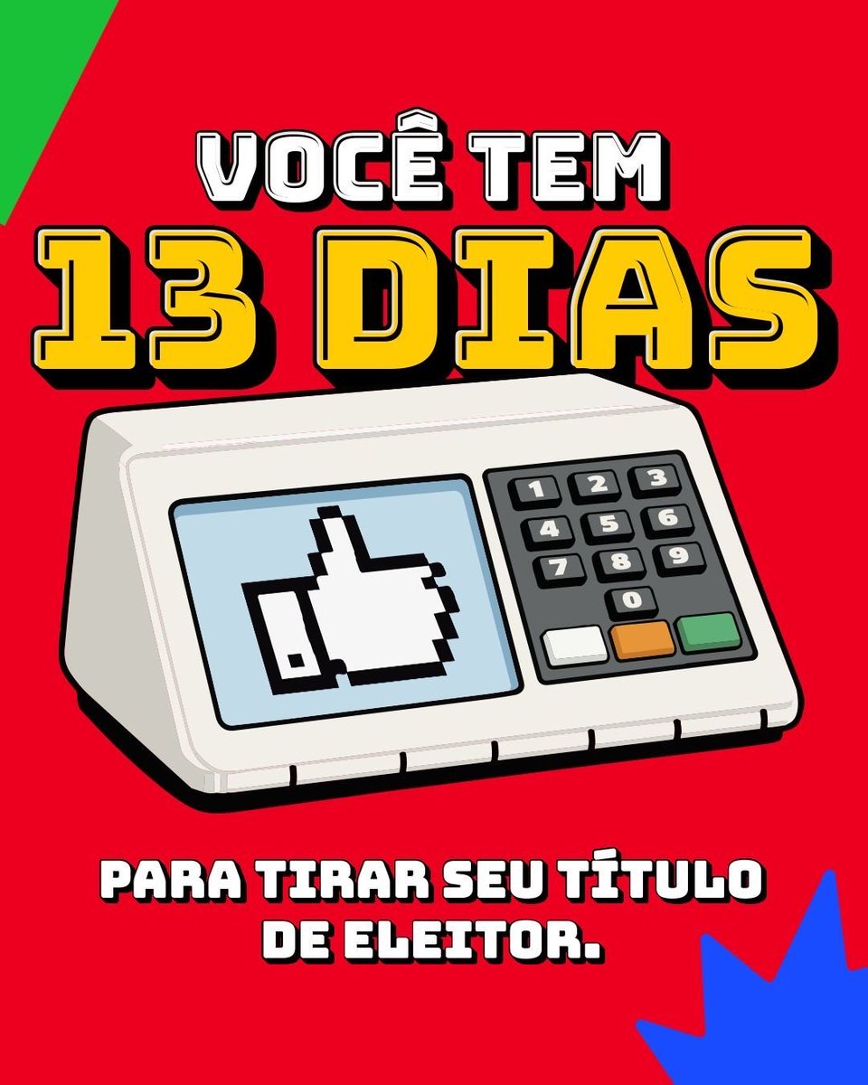 Faltam 13 dias pra tirar seu título de eleitor!

É possível fazer pelo celular no Título Net (site do TSE ou TRE) ou presencialmente ao cartório eleitoral da sua cidade. Já vai separando os documentos que o prazo vai até o dia 6 de maio!

Para tirar o título em 2026, você precisa
