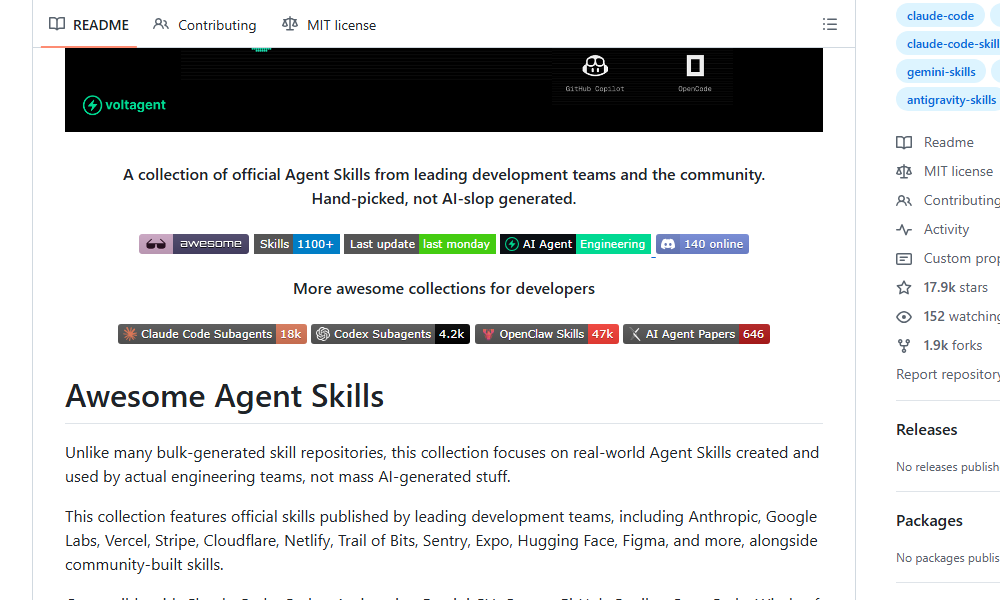 clxymox's tweet image. 💻 awesome-agent-skills
⭐ 17,866 stars

**"Une collection d'excellence : 1100+ compétences d'agents soigneusement sélectionnées"**
#GitHub