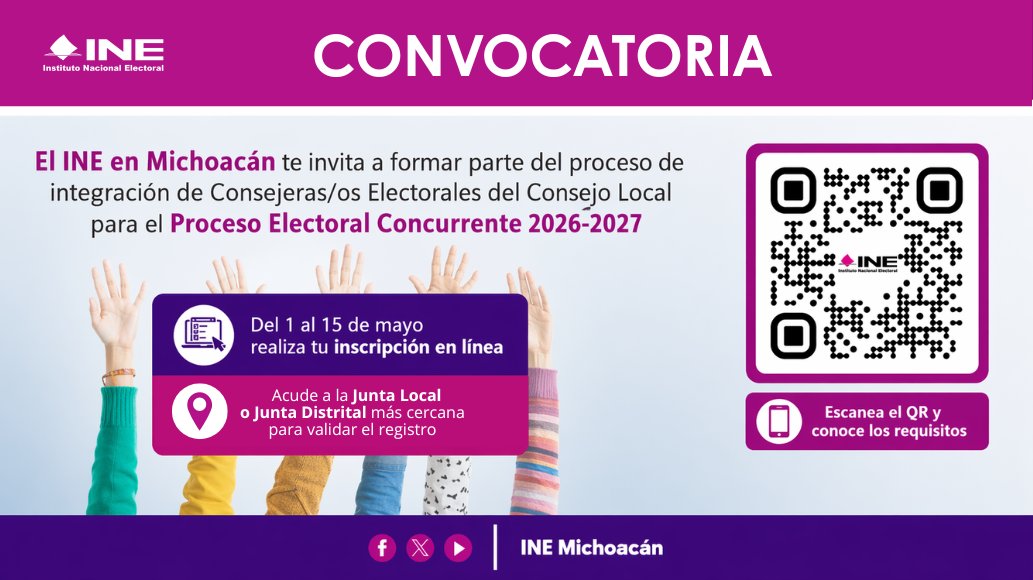 INE_Michoacan's tweet photo. #INEMICH | 🗳️💁‍♀️💁‍♂️👀

Forma parte de las y los Consejeros Electorales 2026-2027.
📅 Regístrate del 1 al 15 de mayo
📲 https://t.co/jVEsQEOx7j
¡Súmate y fortalece la democracia! 💪 https://t.co/NIH6THenWg