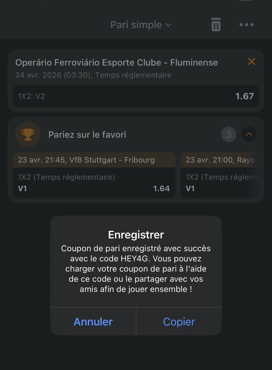 africanbetting's tweet image. #Operario  Ferroviario 🆚 #Fluminense 

➡️ Pronostic : V2

💰 Gain potentiel : 830.000 XOF 

▶️ #Melbet : ➡️
▶️ Code Pari ➡️ HEY4G
▶️CODE PROMO : xfree   

(Inscris-toi avec le code promo et reçois un bonus équivalent au double de ton premier dépôt)

#pronos #sportybet