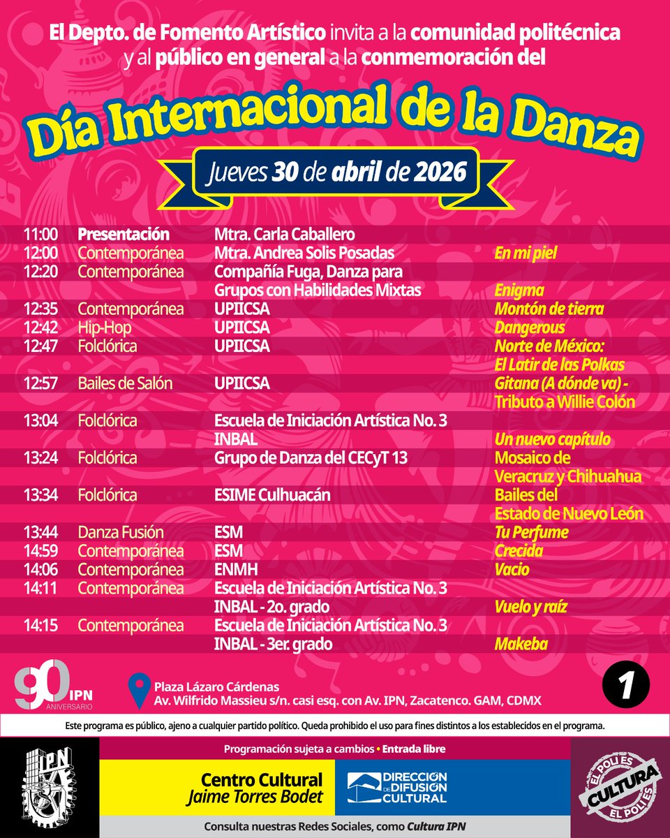 IPN_MX's tweet photo. 👯‍♀️¡Ven a #ElQueso a celebrar con nosotros el Día Internacional de la Danza! 🩰Aquí te dejamos el programa completo del 30 de abril, para que disfrutes presentaciones de danza contemporánea y folclórica, así como de hip hop, fusión y bailes de salón.  🕺💃 ¡Te esperamos!

@IPN_Cultura