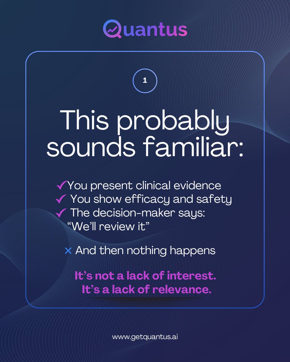 GetQuantus's tweet image. You present evidence.

They say: “we’ll review it.”

And nothing happens.

It’s not interest.

It’s relevance.

👉 Swipe

📩 DM VALUE

#Pharma #MarketAccess #HEOR #HTA
