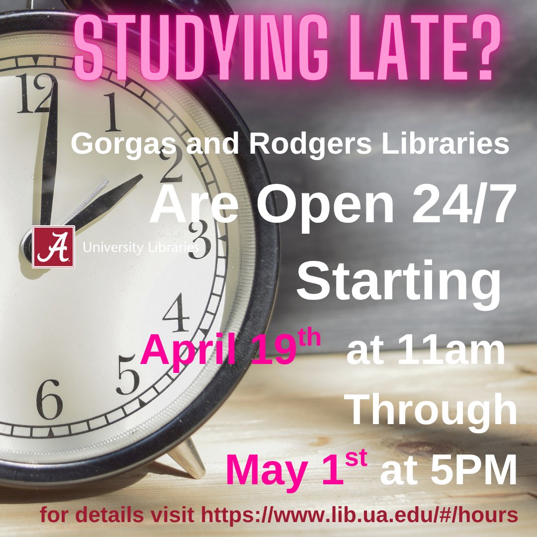 GorgasLib's tweet photo. Visit with a librarian and finish strong!

24/7 hours are in effect through 
May 1st at 5pm 
https://t.co/sTmW5GyPQ1

Chat with us https://t.co/Qf3De8z11j

Book an appointment https://t.co/u7n3OhetUM

Access everything https://t.co/vvDliI5u7N

#wherelegendsaremade🐘🅰️ https://t.co/IDDxGPFT8j