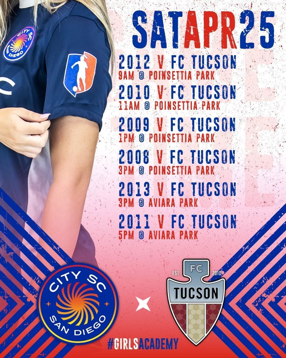ourcitysc's tweet image. @GAcademyLeague Blue hosts FC Tucson for the first day of a 2-game weekend, this Saturday (4/25) at Poinsettia &amp;amp; Aviara Parks. Best of luck, girls.

#OurCity #PlayerDevelopment #PlayerPathway #GirlsAcademy #SomosCity #WeAreCitySC