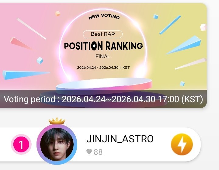 🗳 | VOTACIÓN [Thekking]
— FINAL— 

#AROHA~
Jinwoo está nominado en la final de "Best Rap" en Thekking.

📅: 24.04.26 ~ 30.04.26
⌚️: ~ 17:00 KST
🎞 El ganador tendrá un AD en el New York Times Square I LOVE NY.

#진진 #JINJIN #ジンジン