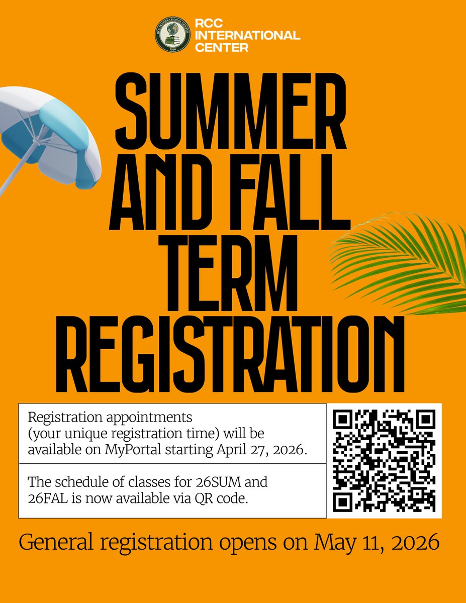 RCCIntlStudents's tweet photo. SUMMER &amp; FALL REGISTRATION IS ALMOST HERE! ☀️🍂
It’s time to plan your entire year! Summer and Fall 2026 registration are officially right around the corner. Whether you’re looking to knock out a prerequisite over the summer or secure your spot in those popular Fall classes. https://t.co/j7Z20XN4Ra