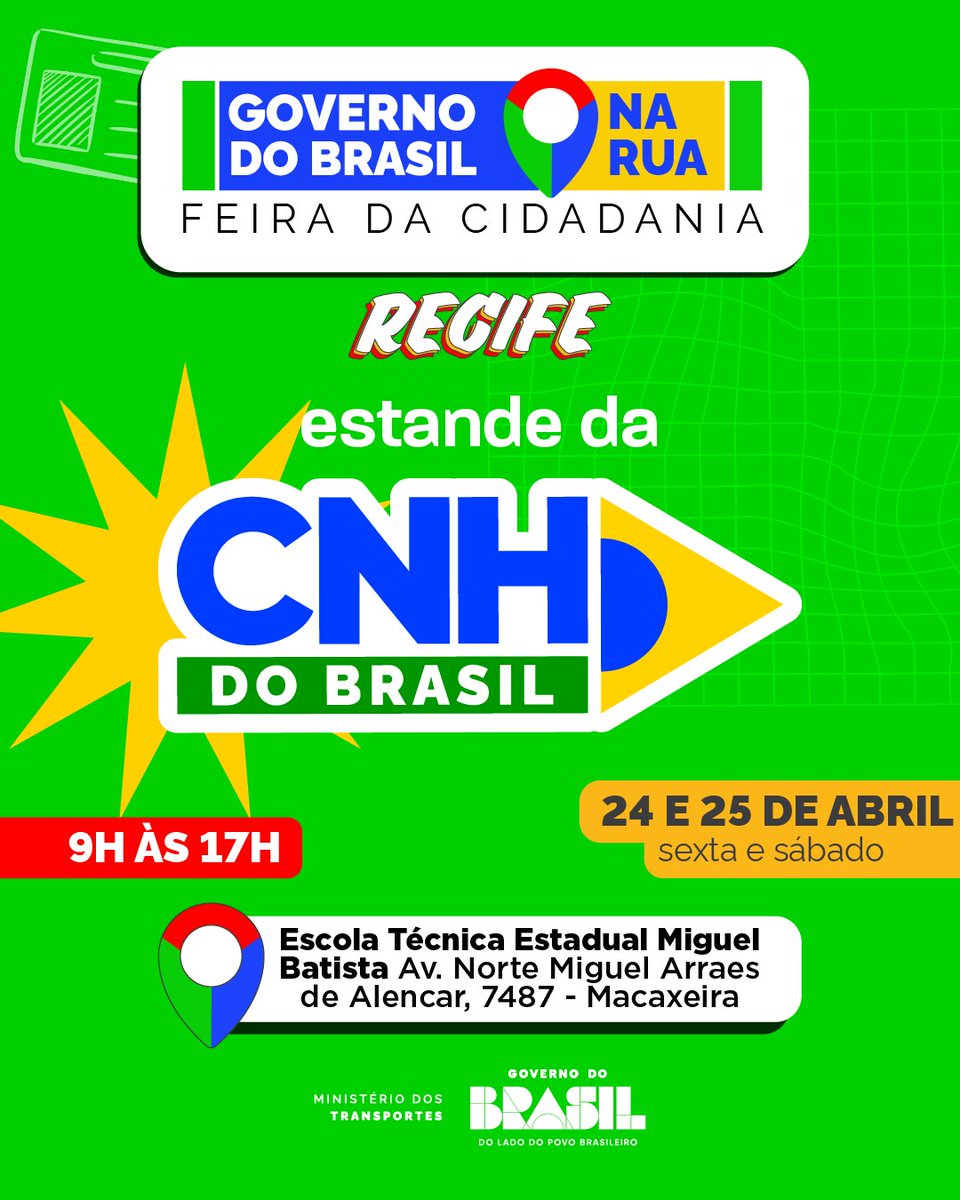 Senatran's tweet photo. A Feira da Cidadania do @govbr está chegando em Pernambuco e a Senatran confirma presença!

Durante o evento, vamos ter um estande dedicado ao app CNH do Brasil, com demonstrações práticas e orientações sobre como iniciar o processo de formação de condutores.

Um espaço pensado pra explicar tudo de forma clara, tirar dúvidas e aproximar ainda mais o cidadão dos serviços.

😃 É só chegar! Não precisa de inscrição. Aproveite e compartilhe essa novidade.