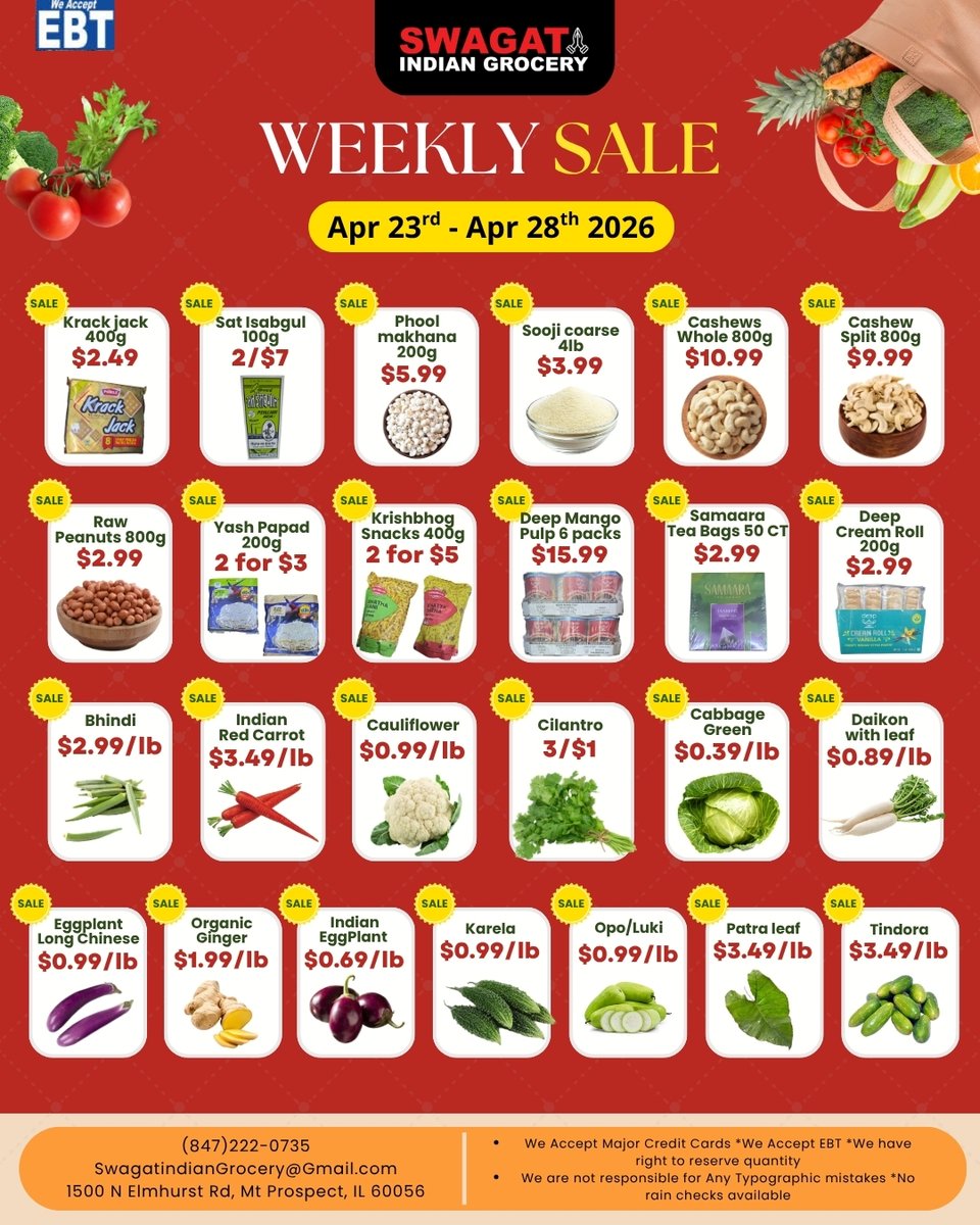 SwagatGrocery's tweet image. Stock up &amp;amp; save more this week!💥
From spices to snacks, everything you love is on sale.
Visit #SwagatIndianGrocery Weekly Sale today!

Shop Now👉: swagatgrocery.com

#VegetableSale #FreshVeggies #IndianGroceryStore #HealthyEating #GroceryOffers #WeeklyDeals #GrocerySavings