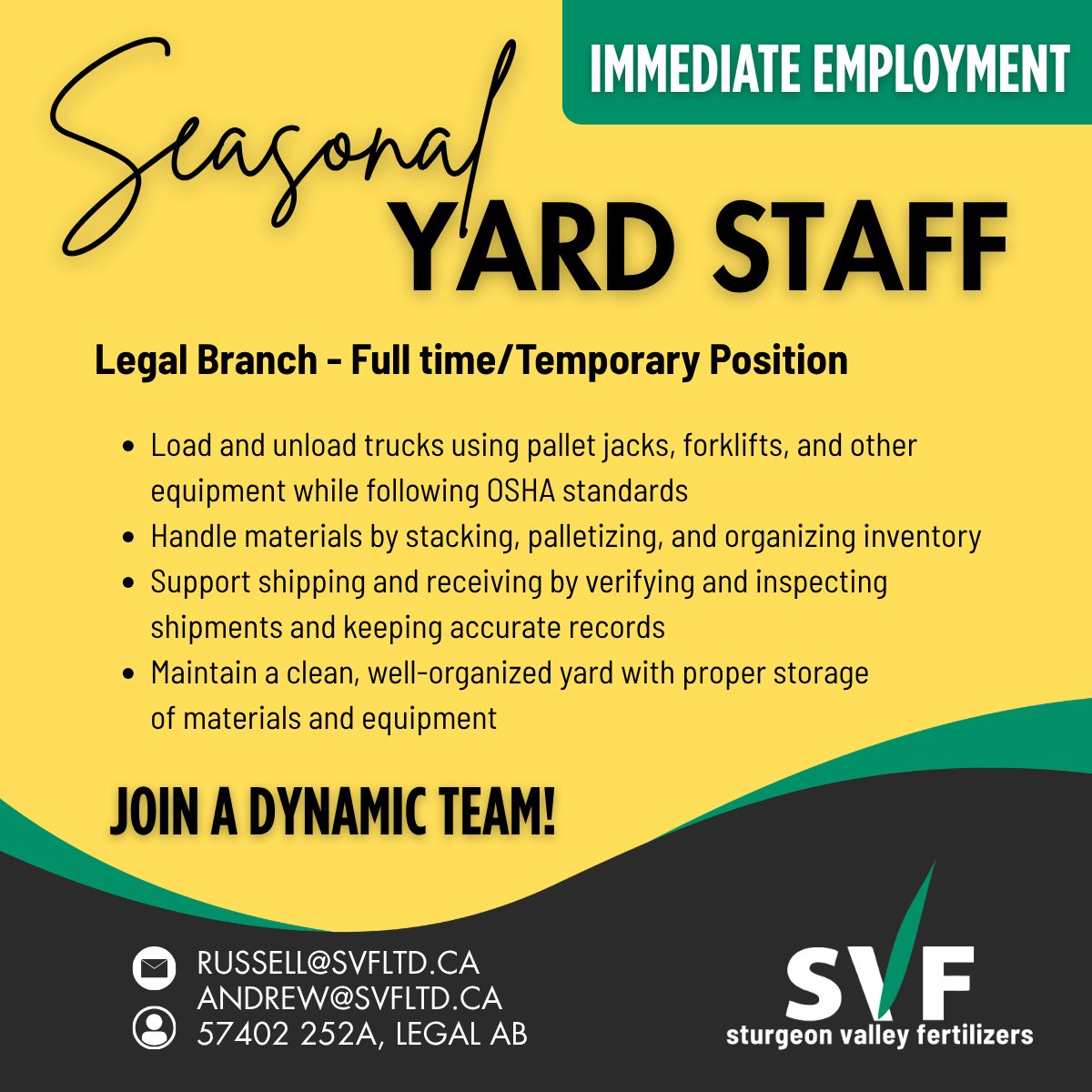 SVFltd's tweet photo. Immediate Employment Opportunity – Seasonal Yard Staff

Join our dynamic team as a Seasonal Yard Staff member and become an essential part of our plant operations. In this lively role, you will support the efficient handling, organization, and movement of materials within our yard area. This paid position offers an exciting opportunity to develop your skills in warehouse and plant operations while contributing to a fast-paced, team-oriented environment.

Duties
- Assist with loading and unloading trucks using equipment such as pallet jacks, clamp trucks, trailers, and forklifts
- Operate machinery following OSHA safety standards
- Manage materials handling tasks such as stacking, palletizing, and organizing inventory in the yard
- Support shipping and receiving processes by verifying shipments, inspecting goods, and documenting movements
- Maintain a clean, organized yard environment by ensuring proper storage of materials and equipment

This is an agricultural business and is very fast-paced during the busy seeding season. There is good opportunity for over-time wages, and it is an excellent learning environment. Apply today and join our great team.

Submit your resume to: russell@svfltd.ca or andrew@svfltd.ca, or drop it off in person at Legal Branch, 57402 252A, Legal, AB.

#NowHiring #ImmediateStart #SeasonalWork #YardJobs #AgricultureJobs #WarehouseWork #ForkliftOperator #GeneralLabour #AlbertaJobs #HiringNow #JobOpportunity #SkilledTrades #WorkLocal