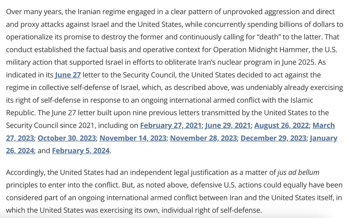AdHaque110's tweet image. The U.S. State Department published its legal defense of the war against Iran on Tuesday. 

A few observations 🧵

1. As a matter of public diplomacy, it's notable that collective self-defense of Israel comes first, individual self-defense of the United States comes second.