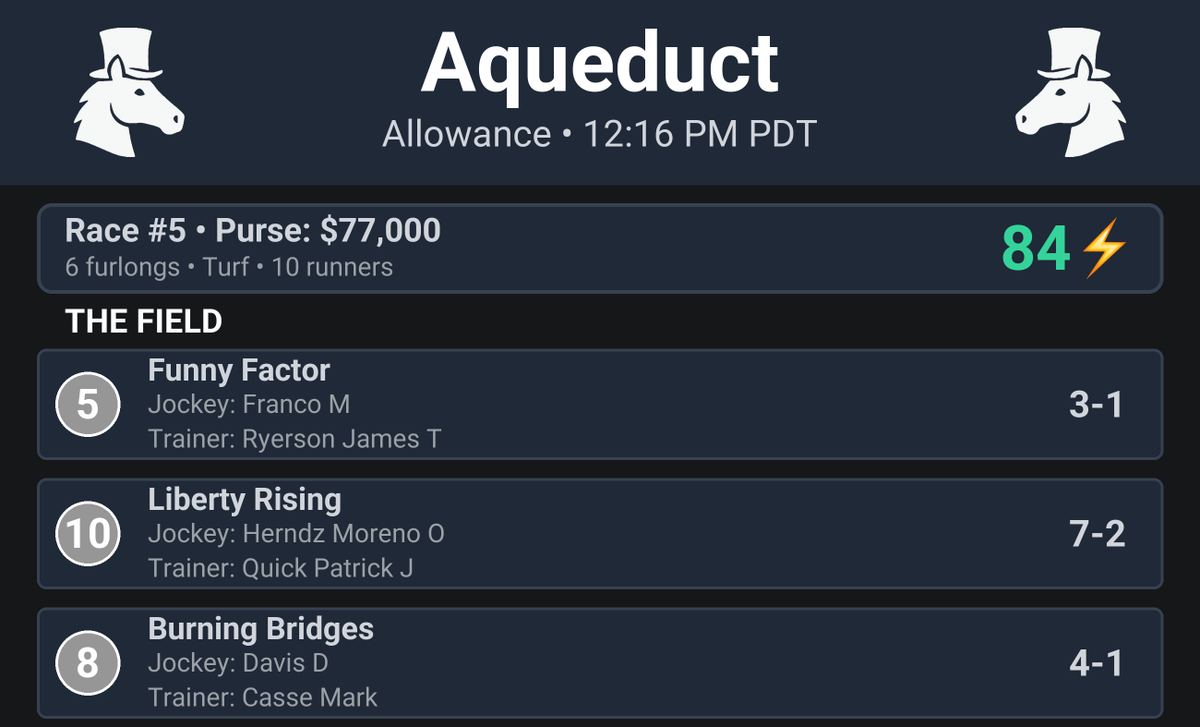 CapperRacing's tweet photo. 🏇 Race Alert!

Aqueduct Race #5
Allowance

📍 Post Time: 12:16 PM MST
⚡️ Thrill Score: 84⚡️

#HorseRacing #Aqueduct #Racing https://t.co/27nQvAemb9