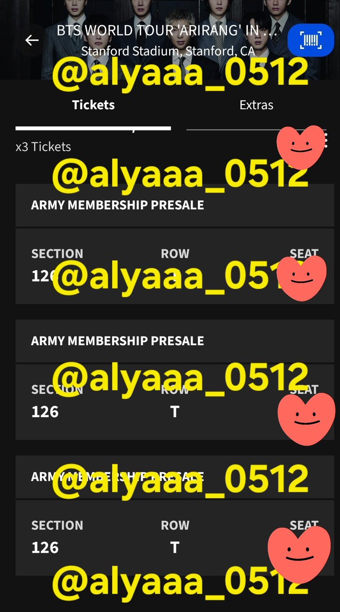 alyaaa_0512's tweet photo. Reposting!

SELLING 4 BTS ARIRANG D2 STANFORD TICKETS !💜

- 4 tickets in section 126
- $400 each (what i paid for) for
- Sunday, 5/17!
- accept Paypal g&amp;s

Tags: BTS, Stanford, Arirang, WTB, WTS

#BTS_ARIRANG #bts #wts #bangtan https://t.co/JzhWzTBm1S