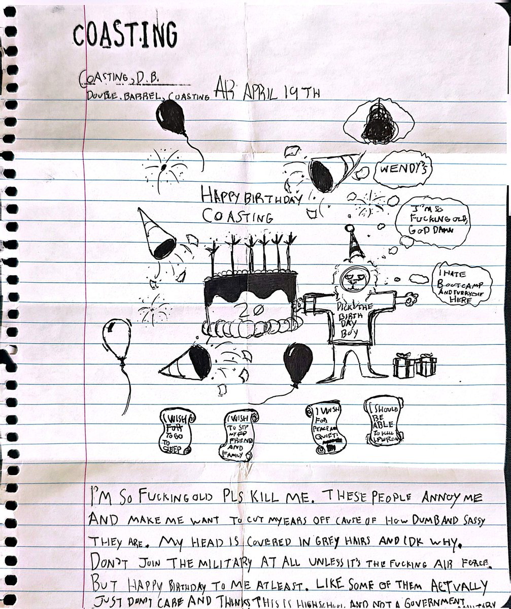 letter i got from coasting which he wanted to be posted for his birthday !! boot camp is rough :[