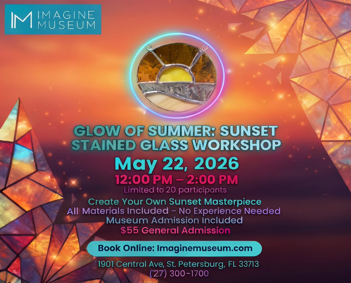 ImagineMuseum's tweet photo. what if you just… made something beautiful on a may weekend? 🌅

stained glass sunset workshop @ Imagine Museum, St. Pete
👥 only 20 spots

no experience needed. just show up. ☀️
https://t.co/4XOoFl2bFB https://t.co/V8WtLjZPM9