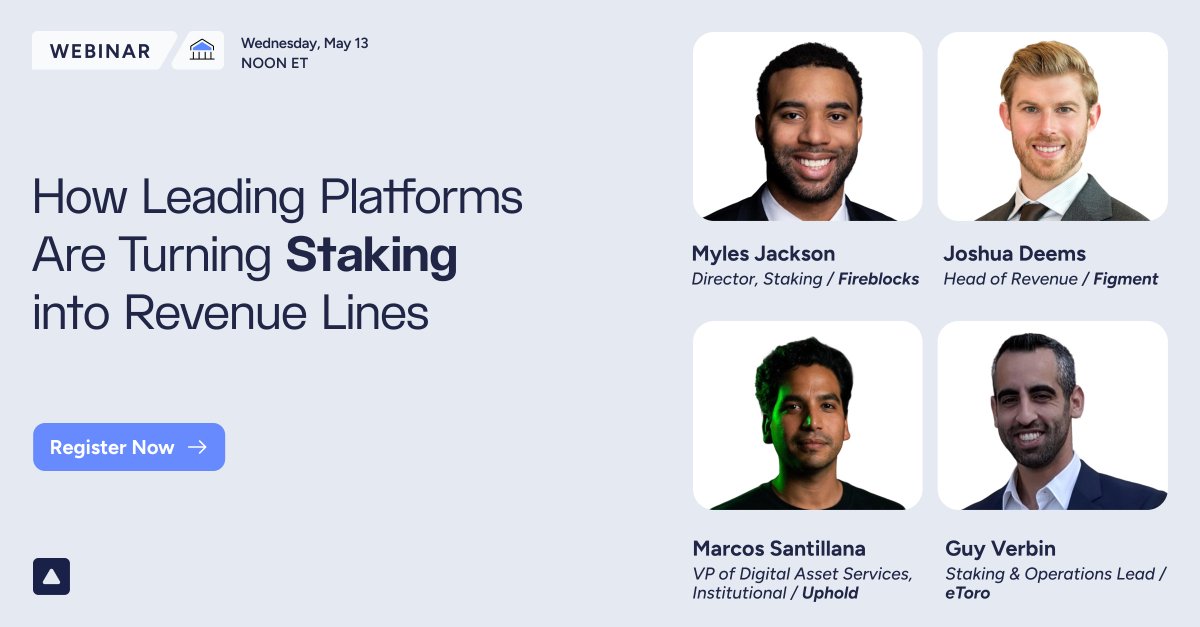 FireblocksHQ's tweet photo. Platforms building staking revenue streams are learning from each other.

Fireblocks × @Figment_io are hosting @UpholdInc and @eToro to share what's working.

May 13 @ noon ET 45-min panel + live Q&amp;A

Register → https://t.co/QtxVxIY1Aa https://t.co/7aZkSEYJ4O