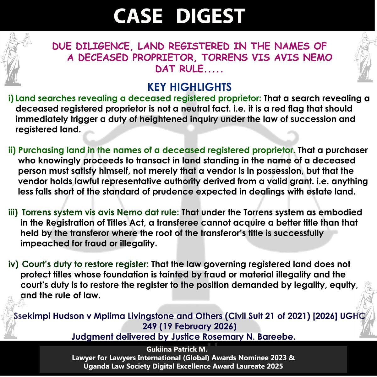 GukiinaPatrick's tweet image. #LEGALALERT.
#LAND PURCHASE.
Land searches revealing  a deceased registered proprietor, purchasing land in the names of a deceased registered proprietor and the standard of due diligence, torrens system vis avis the nemo dat rule, and courts duty to restore the register. et al.