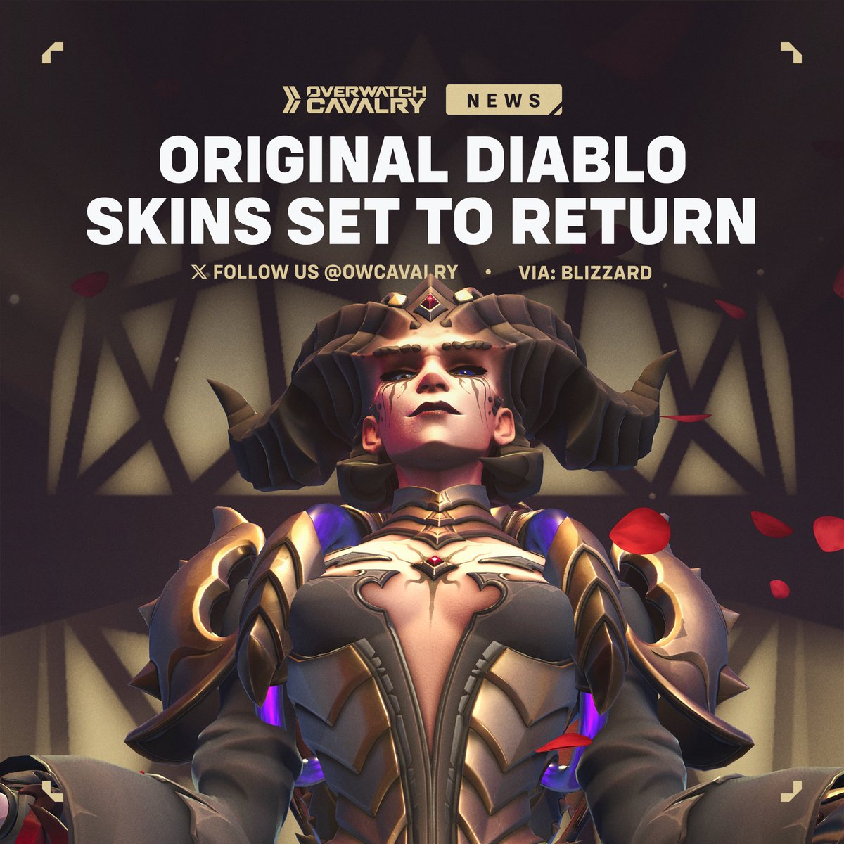 Original Diablo Skins Return to #Overwatch 🩸

Lilith Moira, Imperius Reinhardt, Inarius Pharah, and Gilded Hunter Sombra will be available in the shop as bundles or individual purchases.

🗓️ Available: Apr 28 - May 18