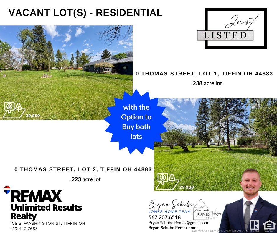 UnlimtedResults's tweet image. 𝗝𝗨𝗦𝗧 𝗟𝗜𝗦𝗧𝗘𝗗!
Residential Lots 
0 Thomas St, Lot 1, Tiffin OH - myre.io/0XBSeqhrf7xt
0 Thomas St, Lot 2, Tiffin OH - myre.io/0SVfjdnYxGqc
𝗕𝗿𝘆𝗮𝗻 𝗦𝗰𝗵𝘂𝗯𝗲 | 𝟱𝟲𝟳.𝟮𝟬𝟳.𝟲𝟱𝟭𝟴
𝗝𝗼𝗻𝗲𝘀 𝗛𝗼𝗺𝗲 𝗧𝗲𝗮𝗺
#realestate #cmn #northwestohio #land #justlisted