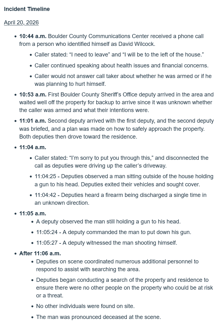 FiresOfTruth's tweet photo. The incident timeline released by Boulder County Sheriffs department

David wilcocks' family approved this being released to the public and request privacy during this time. 

https://t.co/aO0qm1WASH https://t.co/PhJXuZCQfl