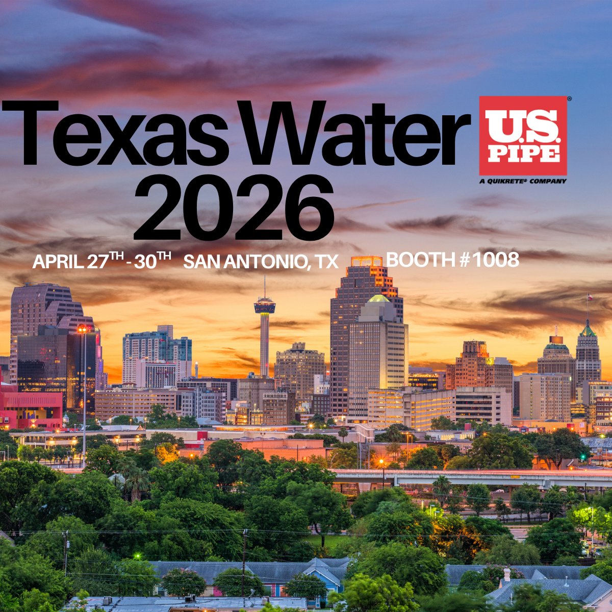 USPipe1899's tweet photo. The 2026 Texas Water Show is almost here! We’re excited to be in San Antonio next week—stop by booth #1008 and say hello. You’ll find us near the pipe tapping competition! #uspipe https://t.co/YwOQvE9PRa